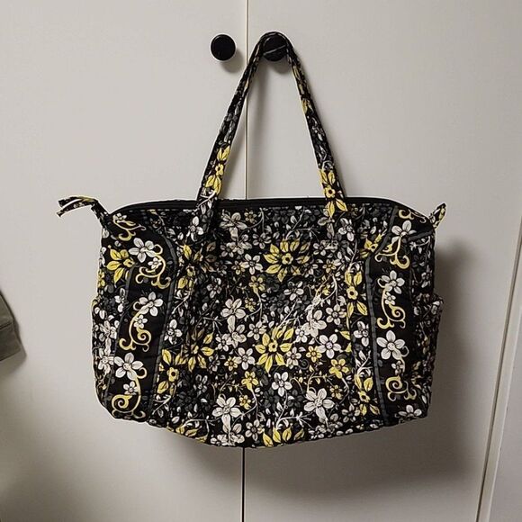 Vera Bradley Baroque duffel bag black yellow large overnight bag preppy floral - Picture 1 of 12